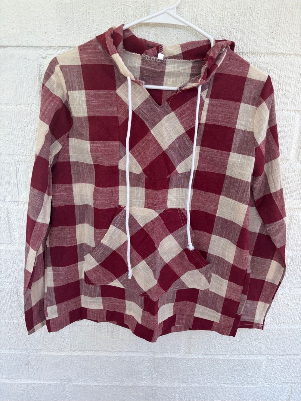 Women's Burgundy & Cream Plaid Hooded Pullover sz XL
